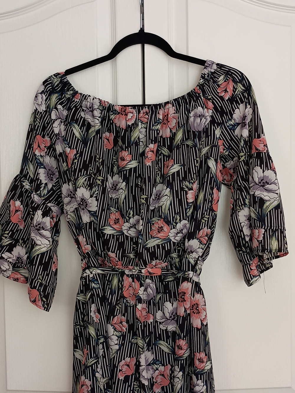 Lily Rose Black Floral Off-Shoulder One Piece Shorts Jumpsuit with Tie Waist - Picture 4 of 8